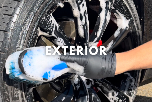Exterior deep cleaning with a wheel being thoroughly cleaned to remove grime and dirt.